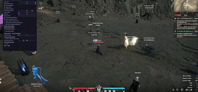 Aion 2 dialogue scene with purple cheat overlay waiting for game API bindings during a quest cutscene